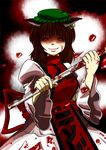  animal_ears blood blood_on_face cat_ears chen dress earrings evil_smile fang hat highres jewelry lead_pipe long_hair long_sleeves niiko_(gonnzou) older puffy_sleeves red_eyes ribbon smile solo tail touhou weapon 