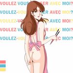  80s apron ass bad_id bad_pixiv_id breasts brown_hair chopsticks french green_eyes hayase_misa long_hair looking_back macross medium_breasts naked_apron oldschool open_mouth sideboob smile solo text_focus translated waeba_yuusee 