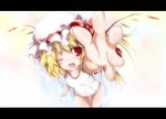  arm_up blonde_hair blush bow fang flandre_scarlet foreshortening hat hat_bow letterboxed one-piece_swimsuit one_eye_closed open_mouth red_eyes school_swimsuit short_hair side_ponytail smile solo swimsuit touhou white_school_swimsuit white_swimsuit wings yumesato_makura 