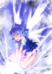  barefoot blue_eyes blue_hair bow cirno hair_bow ice ice_wings naughty_face racer_(magnet) short_hair solo touhou wings 