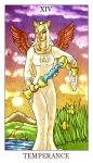  anthro blonde_hair blue_eyes card cat clothed clothing cloud cup dress feathered_wings feathers feline female feralise flower fur grass hair iris_(flower) major_arcana mammal maunzi_(velvetkittie) mountain outside path plant red_feathers sky solo sun tan_fur tarot_card temperance_(tarot) water wings 