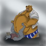  anal anal_penetration anthro anvil_position bear belly belly_overhang canine clothing collar dirtymutt dog duo erection eyes_closed gay holding lying male mammal missionary_position morbidly_obese on_back open_mouth overweight penetration penis sex shorts 
