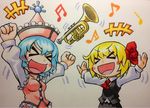 &gt;_&lt; :d blonde_hair blue_hair blush_stickers bow breasts clenched_hands closed_eyes floating frills hair_bow happy hat instrument kawachi_koorogi marker_(medium) medium_breasts merlin_prismriver multiple_girls musical_note open_mouth outstretched_arms raised_fists rumia smile touhou traditional_media trumpet xd 
