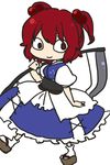  chibi light_smile onozuka_komachi red_eyes red_hair scythe short_hair simple_background siroooo solo touhou two_side_up walking white_background 