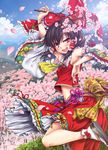  :d arm_up armpits bell black_hair bow cherry_blossoms detached_sleeves groin hair_tubes hakurei_reimu highres kouhaku_nawa looking_at_viewer midriff nail_polish navel open_mouth petals red_eyes smile solo touhou tree uneven_eyes uousa-ou 