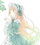  :o alternate_eye_color aqua_eyes aquariumtama blonde_hair blue_dress blue_eyes blush bonnet dress frilled_dress frilled_sleeves frills gosick leaf lolita_fashion long_hair solo sweet_lolita very_long_hair victorica_de_blois water_drop white_background 