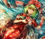  arm_ribbon capelet floating front_ponytail green_eyes green_hair hair_ribbon kagiyama_hina long_hair looking_at_viewer maho_moco petals ribbon shirt short_sleeves skirt skirt_set smile solo touhou twig water 