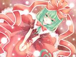  aqua_eyes arm_ribbon bow dress dutch_angle frills front_ponytail green_hair hair_bow hair_ornament hair_ribbon kagiyama_hina komiru light_particles long_hair looking_at_viewer red_dress ribbon short_sleeves smile solo touhou 