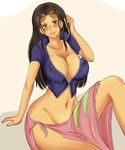  arm_support black_hair blue_shirt blush breasts brown_eyes bursting_breasts center_opening cleavage collarbone crop_top curvy erect_nipples eyelashes glasses glasses_on_head groin hair_slicked_back hand_up highres knee_up large_breasts legs long_hair looking_at_viewer midriff momo_765 navel nico_robin no_bra no_panties one_piece open_clothes open_shirt pink_skirt sarong shirt short_sleeves side_slit sitting skirt smile solo sunglasses sunglasses_on_head thighs unzipped zipper 