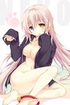  :p barefoot bell blonde_hair breasts cleavage convenient_leg emily_(pure_dream) heterochromia jacket jingle_bell k_(anime) large_breasts long_hair naked_coat navel neko_(k) sleeves_past_wrists solo toes tongue tongue_out 