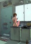  ass back bottle breasts brown_eyes brown_hair door highres hose hotplate jittsu kettle looking_back medium_breasts newspaper nude original sandals shoes sink sneakers solo water wet window 