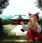  architecture arm_up ascot bad_id bad_pixiv_id bow brown_eyes chaki_(emeraldia) commentary_request cosplay cup detached_sleeves east_asian_architecture eyelashes forest geta gourd hair_bow hakurei_reimu hakurei_reimu_(cosplay) highres horn_ribbon horns ibuki_suika lens_flare light_brown_hair lips long_hair looking_away mountain nature parted_lips path plant potted_plant realistic ribbon road sakazuki shrine sitting solo tabi tokkuri touhou very_long_hair 