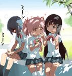  akemi_homura black_hair dappled_sunlight food food_on_face hair_ornament hair_ribbon hairband hairclip heart ice_cream ice_cream_on_face kaname_madoka long_hair mahou_shoujo_madoka_magica melting miki_sayaka multiple_girls nao-08 pink_hair ribbon school_uniform short_hair short_twintails sitting sunlight sweat thighhighs tree_shade twintails 