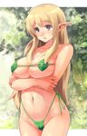  bad_id bad_pixiv_id bikini blonde_hair blush breast_hold breasts brown_eyes elf green_bikini highres large_breasts leaf_bikini long_hair macho_edamatsu open_mouth original pointy_ears solo swimsuit very_long_hair 