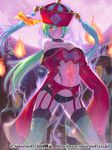  bare_shoulders breasts cleavage fire garter_belt glowing glowing_eyes green_hair hat hitodama medium_breasts midriff orange_eyes original piro_(orip) ponytail teikoku_senki thighhighs 