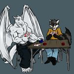  dragon ear_piercing eyebrow_piercing eyewear facial_piercing horn male mammal muscles piercing poker poker_table raccoon topless white_dragon wings 