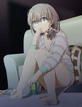  barefoot breasts can cleavage clenched_hand couch feet glasses hand_to_own_mouth hood hood_down hoodie loungewear mattaku_mousuke multicolored multicolored_stripes night original pillow scrunchie short_shorts shorts sitting small_breasts soda_can solo striped striped_hoodie 