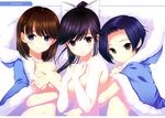  anegasaki_nene bangs bare_shoulders blue_eyes blue_hair bow brown_eyes brown_hair covering covering_breasts hair_bow highres kobayakawa_rinko long_hair looking_at_viewer love_plus mole mole_under_eye multiple_girls navel nude parted_bangs parted_lips ponytail scan shirahane_nao short_hair smile takane_manaka upper_body 