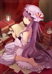  bad_id bad_pixiv_id barefoot blush book book_stack breasts candle cleavage crescent cup feet hat holding holding_book inkwell jitome lantern long_hair looking_at_viewer looking_back marotti medium_breasts off_shoulder papers patchouli_knowledge purple_eyes purple_hair quill sitting soles solo teacup toes touhou very_long_hair wariza 