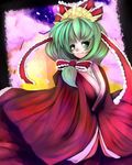  bad_id bad_pixiv_id bow frills front_ponytail green_eyes green_hair hair_bow hair_ribbon hina_ningyou japanese_clothes kagiyama_hina long_hair ribbon smile teko touhou 