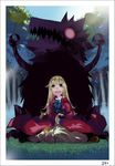  akazukin_to_yasashii_ookami big_bad_wolf_(grimm) blonde_hair field flower glowing glowing_eyes grimm's_fairy_tales heterochromia kneeling leaf little_red_riding_hood little_red_riding_hood_(grimm) long_hair monster palmeros solo wolf 