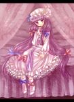  bad_id bad_pixiv_id bed bow hat letterboxed long_hair neme patchouli_knowledge pink_bow purple_hair ribbon solo touhou 