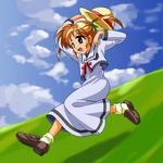  blue_eyes brown_hair hair_ribbon hat lyrical_nanoha mahou_shoujo_lyrical_nanoha ren-chan ribbon running school_uniform seishou_elementary_school_uniform solo takamachi_nanoha twintails 