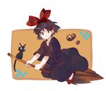  animal bad_id bad_pixiv_id black_cat bread broom broom_riding brown_hair cat dress food hair_ribbon jiji_(majo_no_takkyuubin) kiki majo_no_takkyuubin ribbon shati short_hair smile 