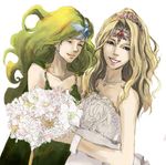  blonde_hair blue_eyes bouquet bride closed_eyes dress final_fantasy final_fantasy_iv flower green_hair jewelry long_hair lowres multiple_girls necklace older rika_(ajidori) rosa_farrell rydia smile tiara wedding_dress 