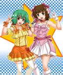  \m/ amami_haruka crossover cute_&amp;_girly_(idolmaster) hair_ribbon hida_tatsuo idolmaster idolmaster_(classic) idolmaster_1 macross macross_frontier microphone multiple_girls orange_skirt ranka_lee ribbon seikan_hikou skirt smile sparkle thighhighs zettai_ryouiki 