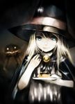  blonde_hair blue_eyes cape eating food hat kei_(keigarou) long_hair lowres original pudding solo witch_hat 