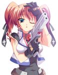  blue_eyes breasts cross_mirage gloves gun hair_ribbon handgun hayakawa_harui lyrical_nanoha mahou_shoujo_lyrical_nanoha_strikers medium_breasts one_eye_closed red_hair ribbon solo sweat teana_lanster twintails weapon 