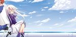 1girl back-to-back bicycle brother_and_sister closed_eyes cloud day emiya_shirou fate/stay_night fate_(series) ground_vehicle honey_and_clover illyasviel_von_einzbern kaze_shibuki long_hair multiple_riders ocean outdoors parody petals riding siblings sky white_hair 