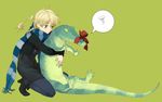  animal blonde_hair blue_eyes braid copyright_request crocodile crocodilian hug ie_(mochi) overalls ribbon scarf twin_braids 