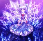  blue_eyes blue_hair bow bowtie cirno crystal dress flower hair_ribbon ice neme petals ribbon solo tiara touhou wings 