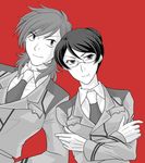  1girl bad_id bad_pixiv_id closed_mouth crossed_arms expressionless glasses gundam gundam_00 kati_mannequin looking_at_viewer miyayoshi_(bricola) mole mole_under_mouth monochrome necktie patrick_colasour red_background rimless_eyewear simple_background smirk upper_body 