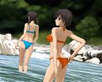  adjusting_clothes adjusting_swimsuit ass bad_id bad_pixiv_id bikini black_hair braid brown_eyes highres isozaki_bebebe looking_back multiple_girls nature original short_hair stream swimsuit wading water 