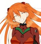  ^_^ bangs bare_shoulders blush bodysuit closed_eyes grin hair_between_eyes hair_ornament happy head_tilt kimigabuchi long_hair lowres neon_genesis_evangelion number orange_hair plugsuit re-take_doujinshi simple_background smile solo souryuu_asuka_langley turtleneck upper_body white_background 