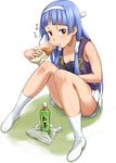  bangs blue_hair blunt_bangs blush brown_eyes eating food hair_tubes hairband kannagi legs long_hair nagi nigou pleated_skirt skirt socks solo taiyaki tea wagashi white_skirt 