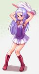  armpits bangs blue_hair blunt_bangs boots bow_(bhp) hair_tubes highres kannagi legs long_hair motion_blur nagi pleated_skirt purple_eyes skirt solo wand white_skirt 