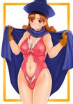  alena_(dq4) breasts brown_hair cape cleavage curvy dragon_quest dragon_quest_iv gloves groin hat large_breasts leotard long_hair navel pink_leotard pink_leotard_(dq) red_eyes solo wide_hips yokaze_japan 