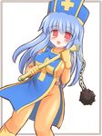  blush bodysuit boots dragon_quest dragon_quest_iii flail hat latex long_hair mitre open_mouth orange_bodysuit priest_(dq3) red_eyes ry solo tabard weapon 