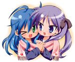  ahoge blue_eyes blue_hair green_eyes hiiragi_kagami holding_hands izumi_konata long_hair lucky_star mole mole_under_eye multiple_girls nal_(studio_ng) one_eye_closed purple_hair scarf shared_scarf twintails 