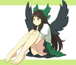  asakiyumemishi bad_id bad_pixiv_id bandaid bandaid_on_knee barefoot black_hair feet full_body knees_up leg_hug long_hair o3o panties pantyshot pantyshot_(sitting) red_eyes reiuji_utsuho simple_background sitting solo striped striped_panties toenails toes touhou underwear wings 