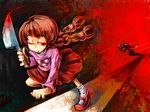  blood braid brown_hair knife madotsuki pink_shirt red_eyes running shirt toriningen twin_braids ukyo_rst yume_nikki 