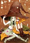  bad_id bad_pixiv_id bag bandaid belt black_eyes boots chachie cross-laced_footwear green_hair hair_over_one_eye hat hood leg_hug long_hair midriff multiple_girls original red_hair scarf shared_hat sitting skirt thigh_boots thighhighs witch_hat 