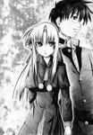  1girl blush dress expressionless glasses greyscale kohuseigetsu len long_sleeves looking_at_viewer melty_blood monochrome pointy_ears pom_pom_(clothes) rimless_eyewear shaded_face sidelocks toono_shiki tsukihime 