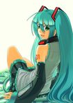  bad_id bad_pixiv_id detached_sleeves green_eyes green_hair hatsune_miku headphones long_hair looking_back mishima_yoshikatsu open_mouth sitting skirt smile solo twintails very_long_hair vocaloid 