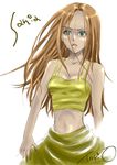 arc_the_lad arc_the_lad_ii bare_shoulders brown_hair green_eyes long_hair mame_(artist) midriff sania_(arc_the_lad) simple_background solo tank_top 