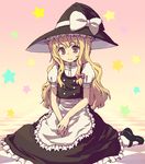  apron blonde_hair blush braid full_body hat kimarin kirisame_marisa looking_at_viewer mary_janes own_hands_together puffy_short_sleeves puffy_sleeves shoes short_sleeves single_braid socks solo star touhou waist_apron white_legwear witch_hat 
